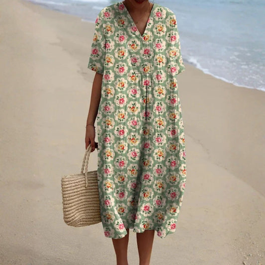 Eulállia - Vestido Floral Retro em Verde Água