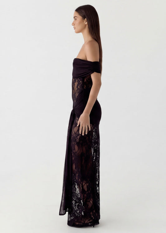 VESTIDO COMPRIDO DE RENDA DRAPEADO