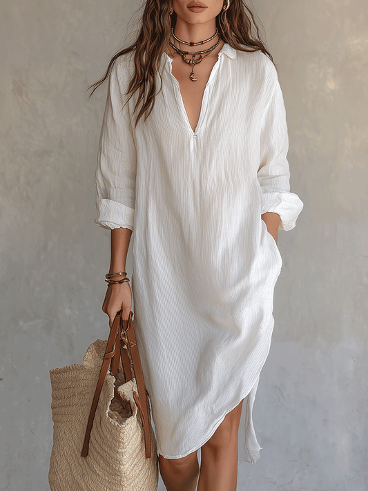 Vestido midi branco boémio e relaxado