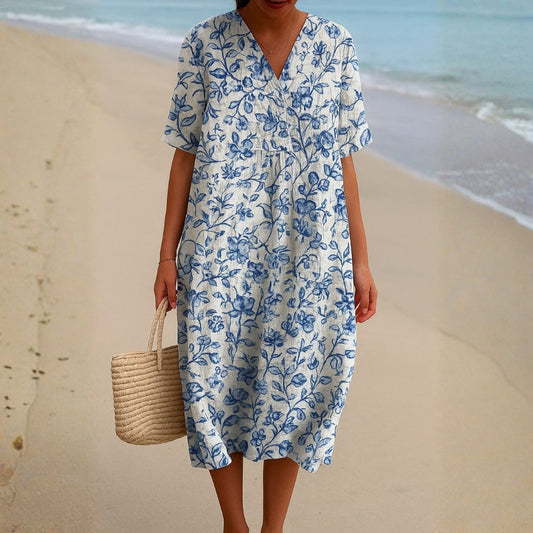 Magnolia - Vestido de Marfim Adornado com Acentos Florais em Azul Porcelana