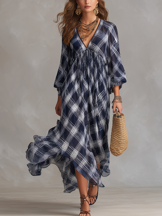 Vestido maxi fluido de estilo francês, azul marinho a quadrados, de corte relaxado