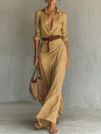 Camille™ | Vestido maxi com lapela e cinto na cintura