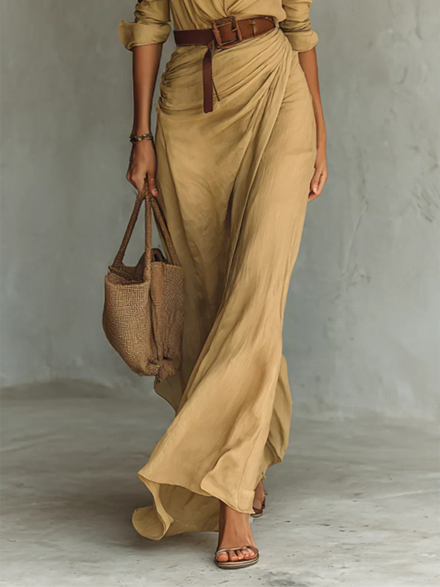 Camille™ | Vestido maxi com lapela e cinto na cintura