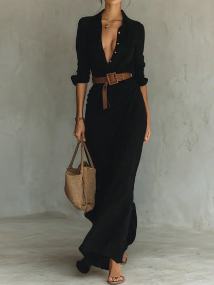 Camille™ | Vestido maxi com lapela e cinto na cintura
