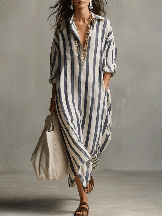 Camisa casual às riscas e vestido maxi de estilo boémio
