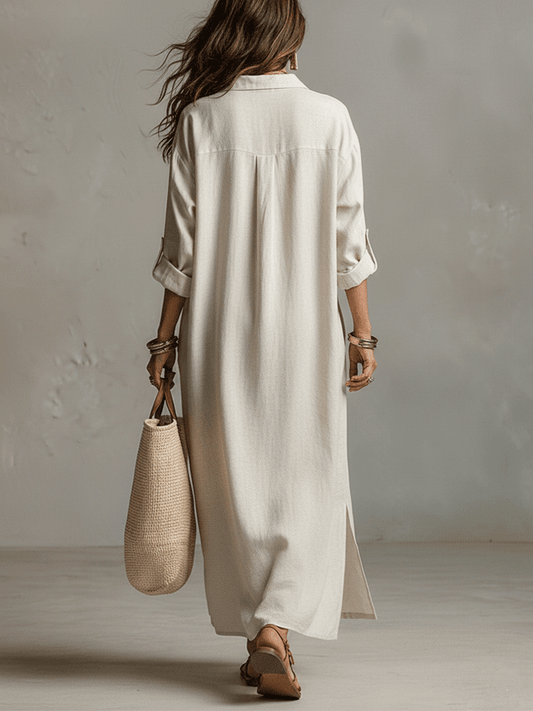 Vestido camisero maxi vintage leve em creme natural