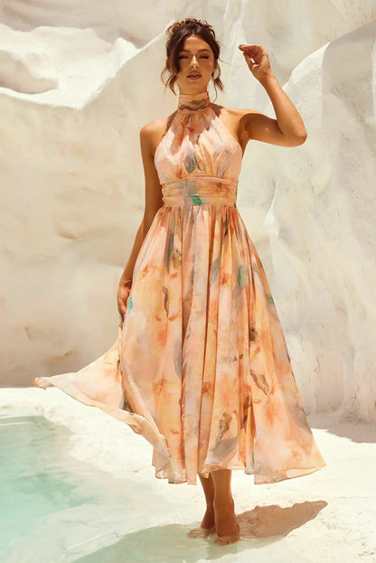 VESTIDO MIDI HALTER TONS PASTEIS AGUARELA