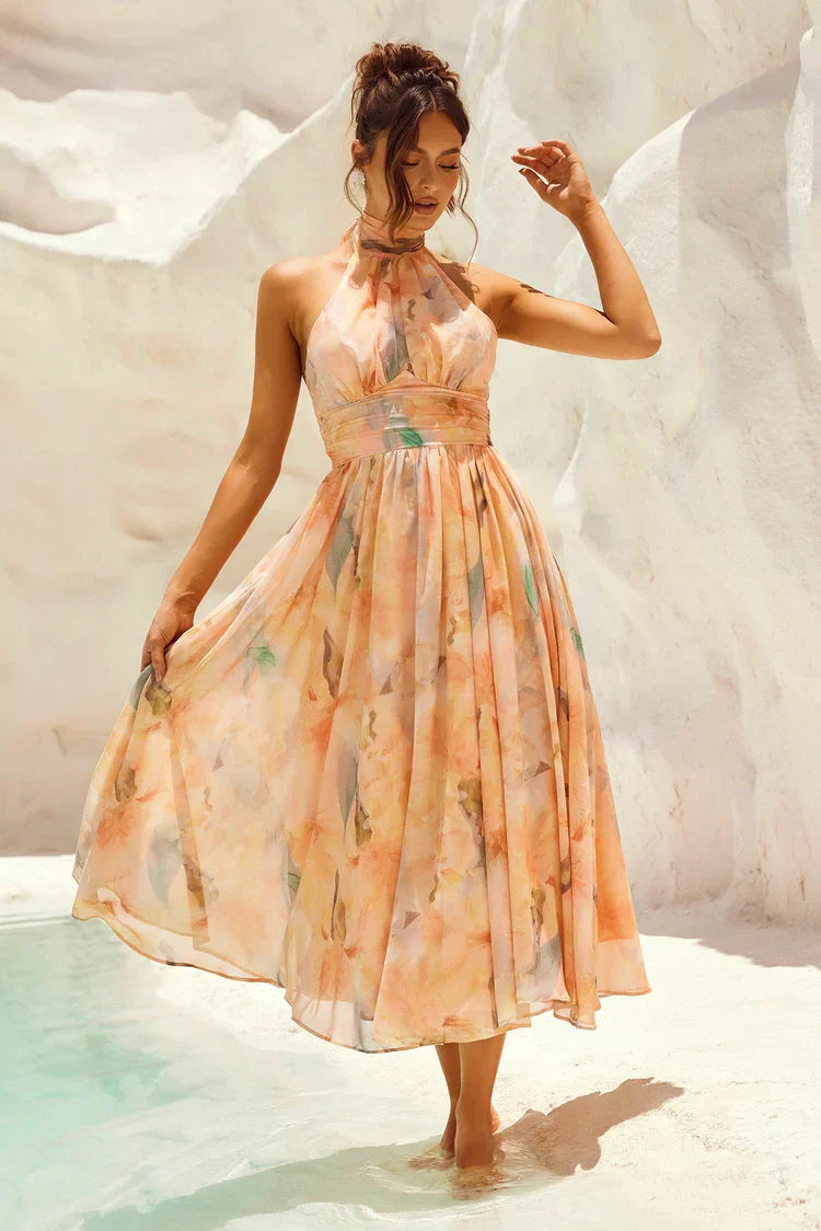 VESTIDO MIDI HALTER TONS PASTEIS AGUARELA