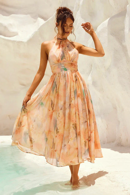 VESTIDO MIDI HALTER TONS PASTEIS AGUARELA
