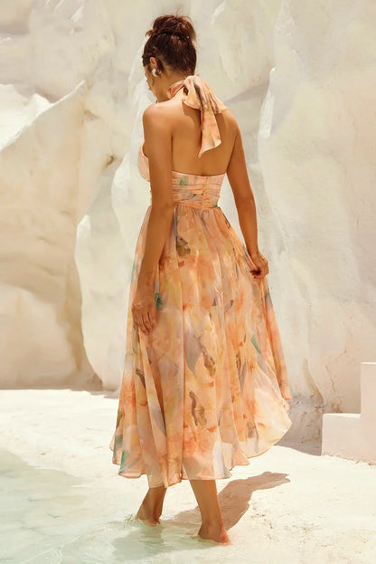 VESTIDO MIDI HALTER TONS PASTEIS AGUARELA