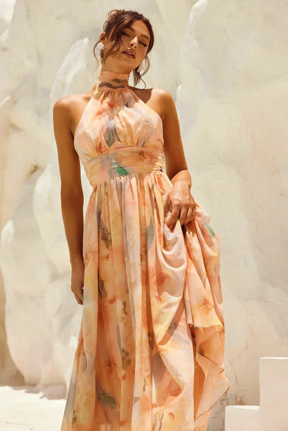 VESTIDO MIDI HALTER TONS PASTEIS AGUARELA