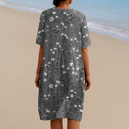 Maria - Vestido Floral em Carvão com Acentos Brancos