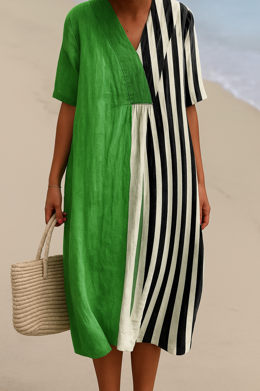 Noémia - Vestido Verde Vibrante com Listras Pretas