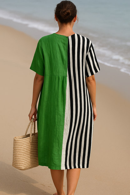 Noémia - Vestido Verde Vibrante com Listras Pretas