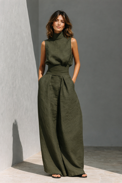 Maria™ | Conjunto de t-shirt de alças e calças largas de algodão e linho minimalista para mulher