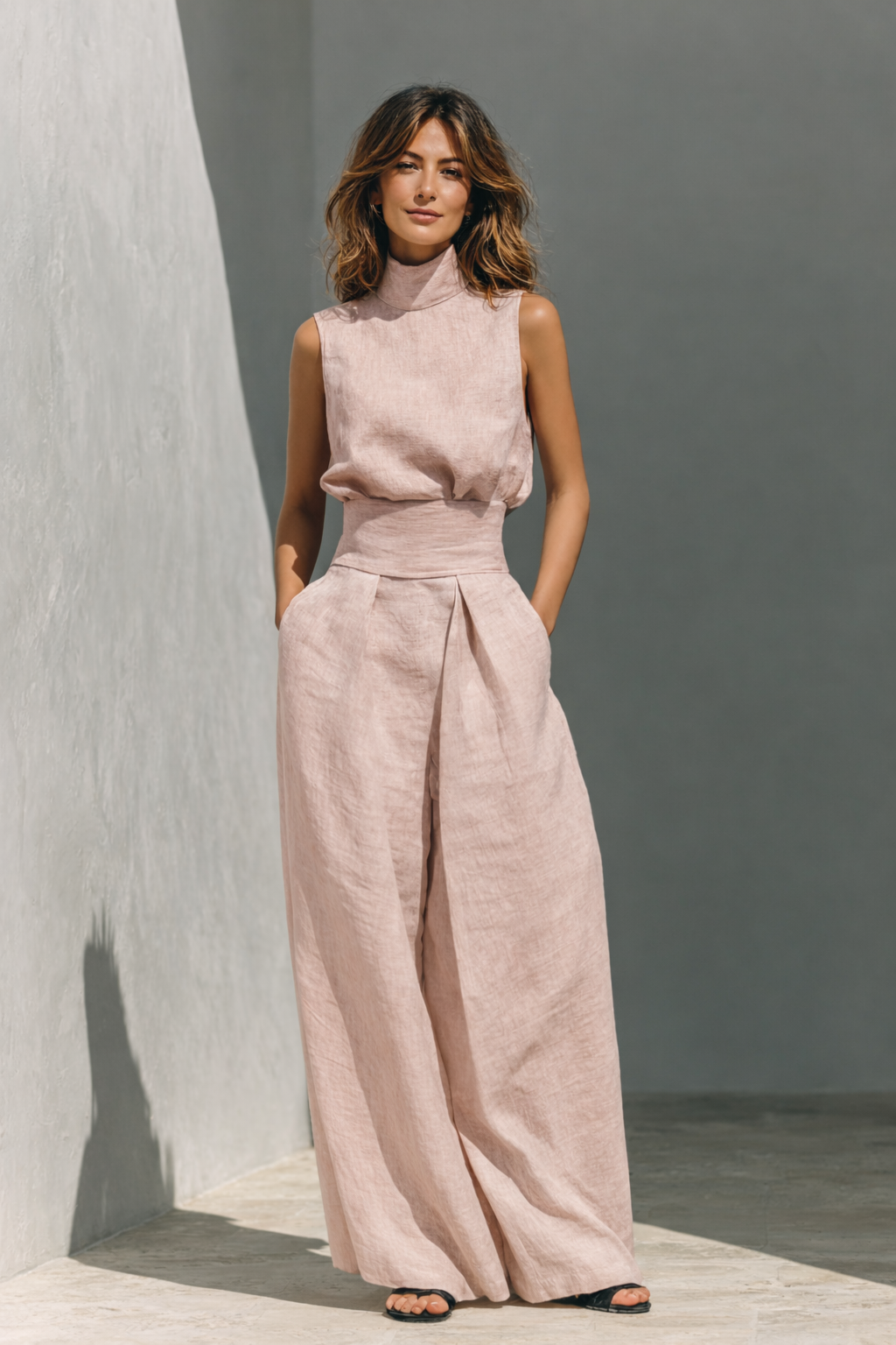 Maria™ | Conjunto de t-shirt de alças e calças largas de algodão e linho minimalista para mulher