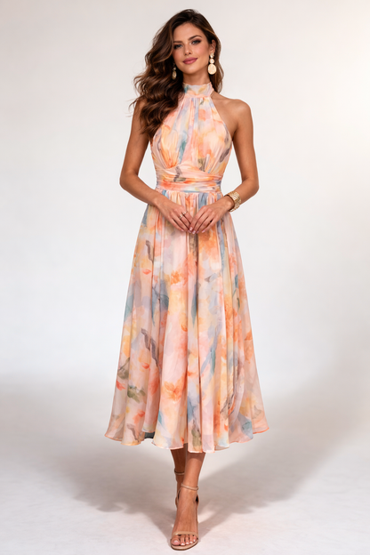 VESTIDO MIDI HALTER TONS PASTEIS AGUARELA