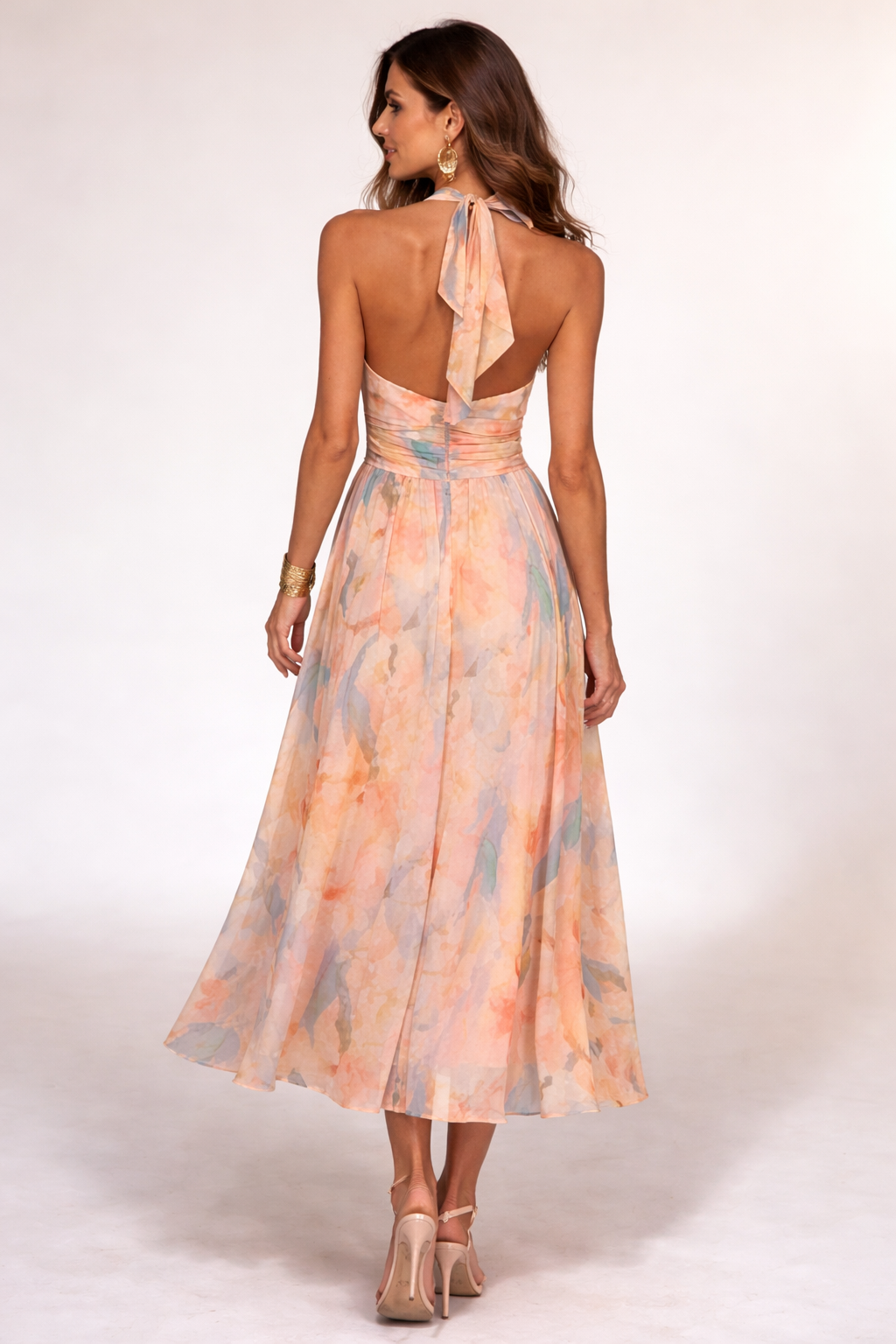 VESTIDO MIDI HALTER TONS PASTEIS AGUARELA