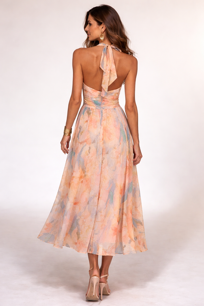 VESTIDO MIDI HALTER TONS PASTEIS AGUARELA
