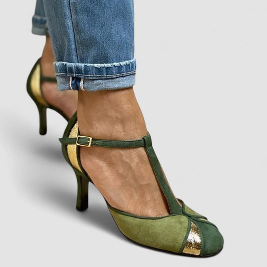 Taviana - Sapatos de salto em patchwork com tira em T e biqueira fechada