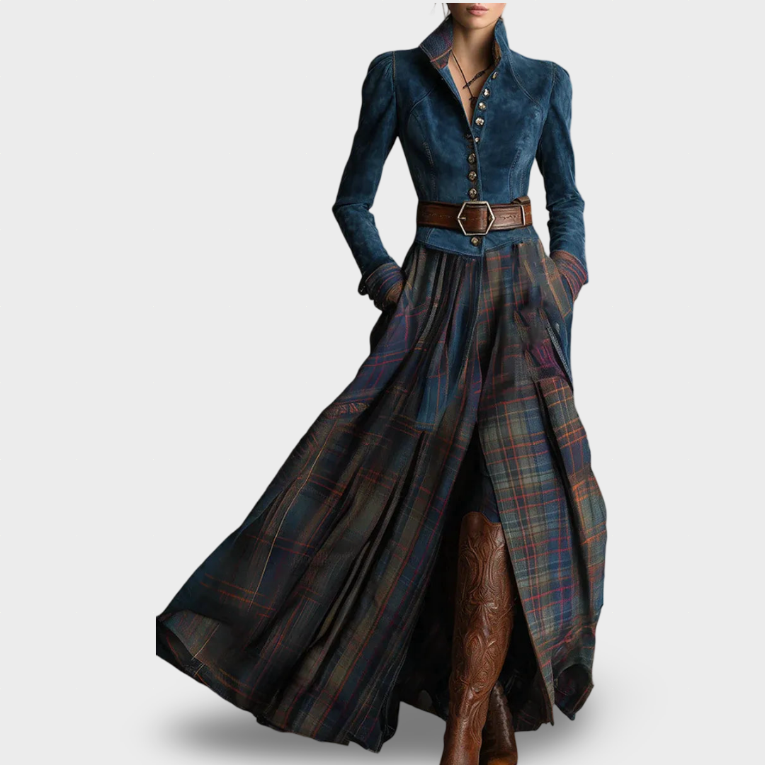 Edna - Vestido Elegante com Saia Xadrez