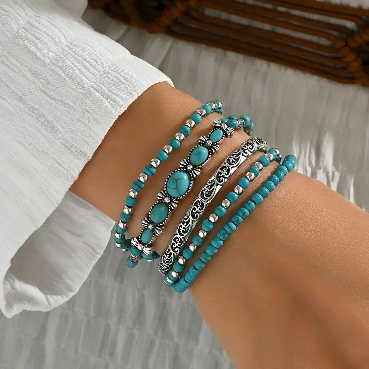 Conjunto de Pulseiras de Pérolas Turquesas Boémio