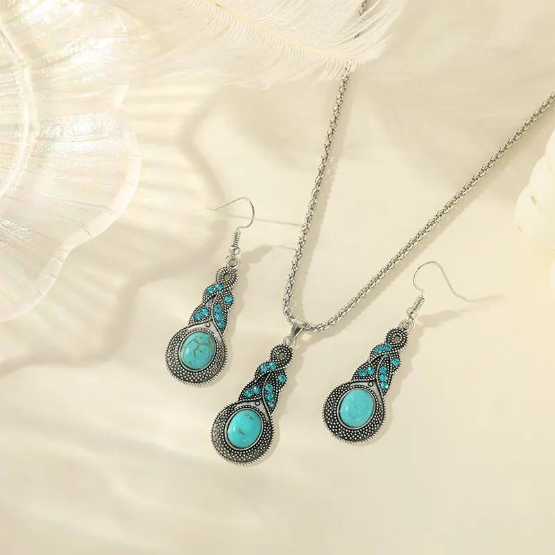Conjunto de Joias Vintage com Pedras Turquesas