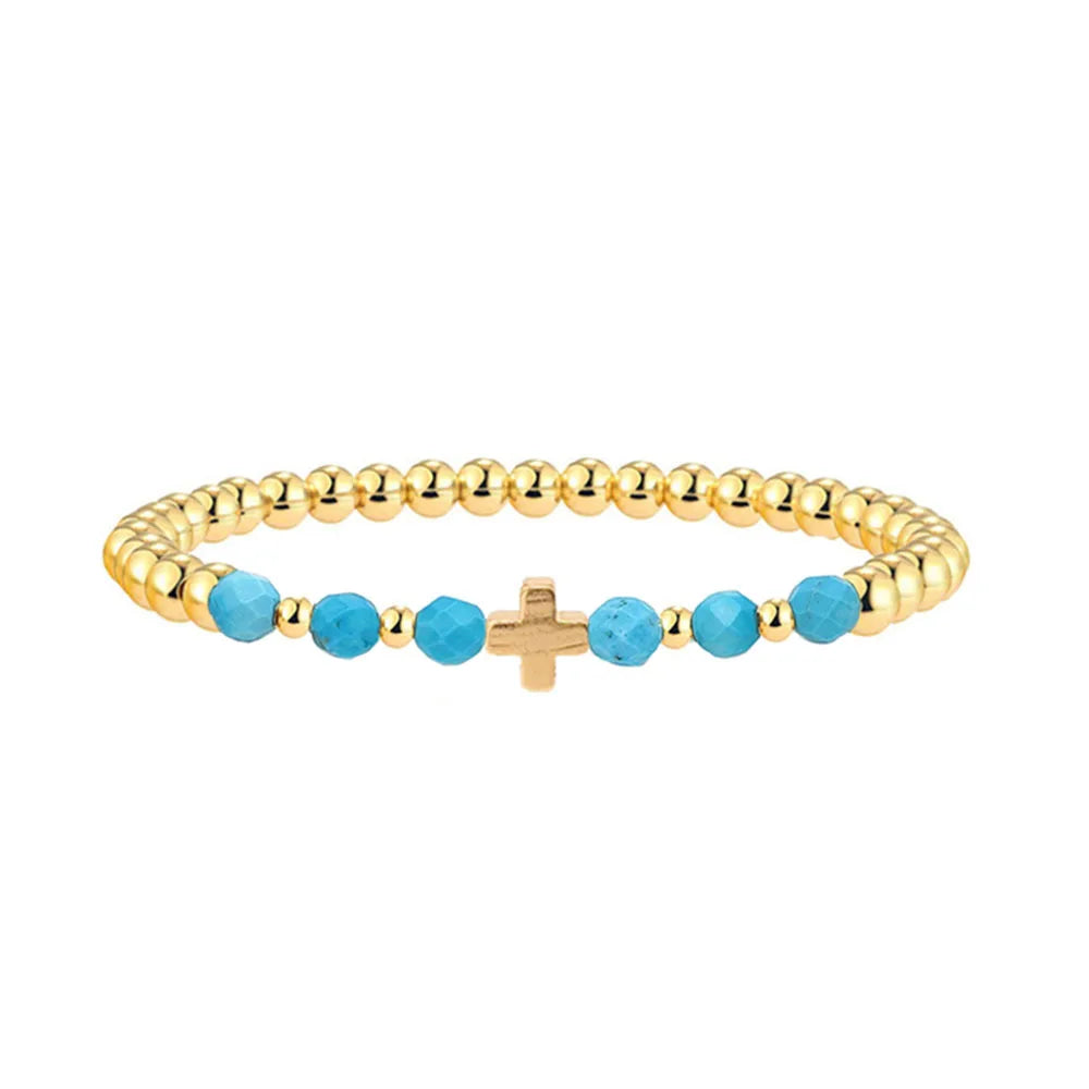 Pulseira com Charme em Cruz de Pérolas Turquesas Vintage