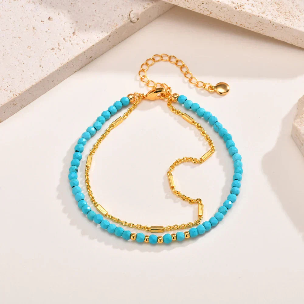 Pulseira em Ouro Dupla Cadeia com Turquesa