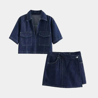 Conjunto de jeans com decote em V