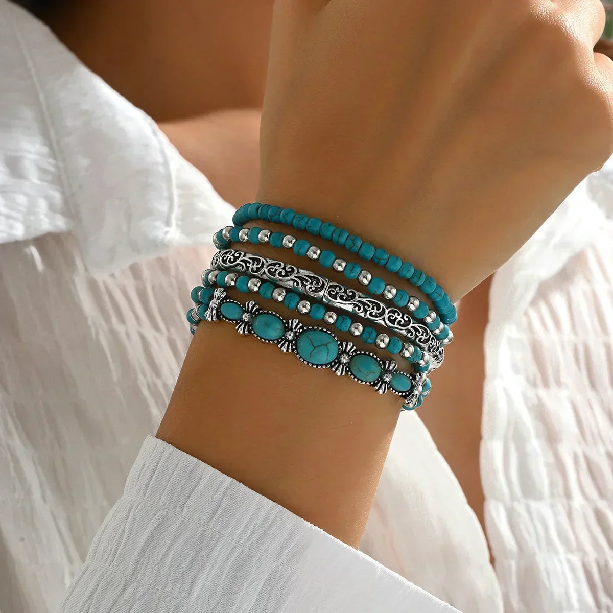 Conjunto de Pulseiras de Pérolas Turquesas Boémio