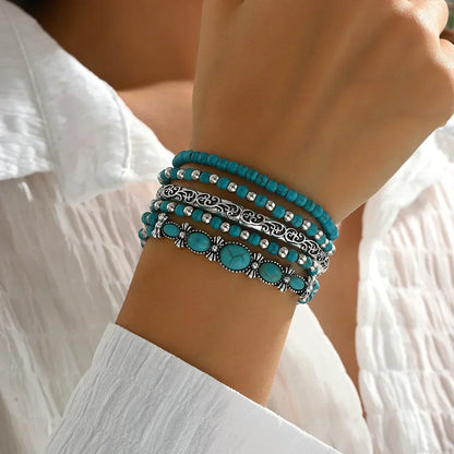 Conjunto de Pulseiras de Pérolas Turquesas Boémio