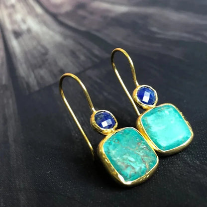 Brincos Quadrados Incrustados de Turquesa à Moda