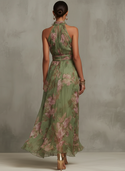Florine™ | Vestido Maxi Verde com Estampa Floral