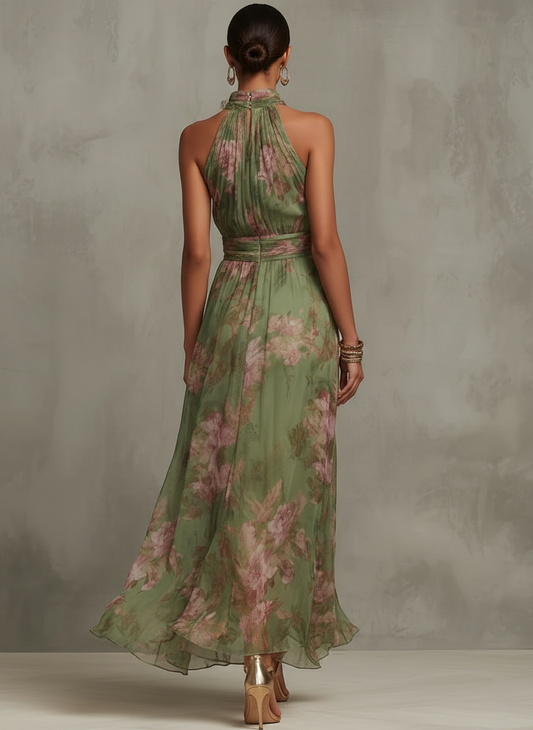 Florine™ | Vestido Maxi Verde com Estampa Floral