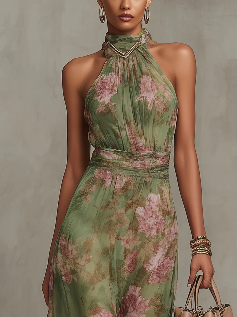 Florine™ | Vestido Maxi Verde com Estampa Floral