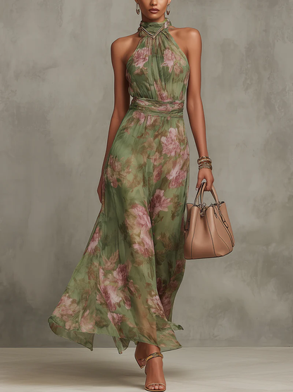 Florine™ | Vestido Maxi Verde com Estampa Floral