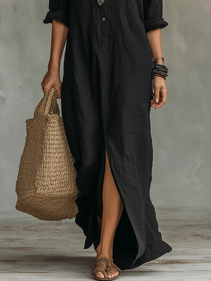 Soline™ | Vestido maxi negro folgado com botões
