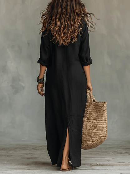 Soline™ | Vestido maxi negro folgado com botões