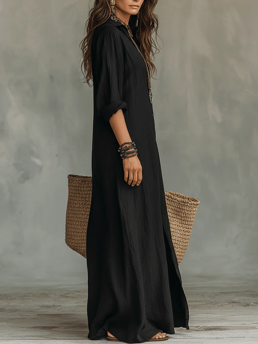 Soline™ | Vestido maxi negro folgado com botões