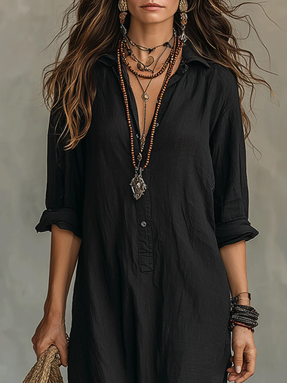 Soline™ | Vestido maxi negro folgado com botões