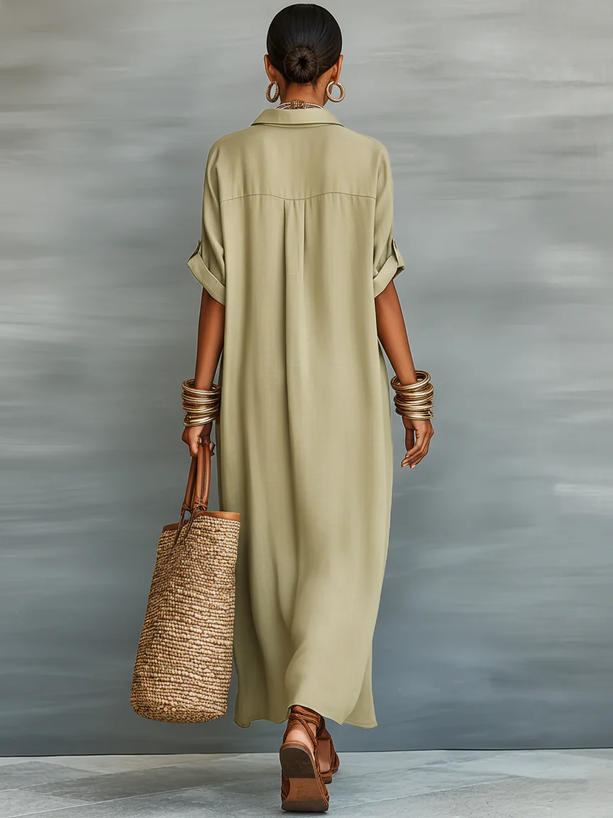 Manelle™ | Vestido maxi verde oliva com linha minimalista