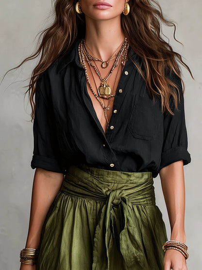 Vera™ | Conjunto de duas peças: t-shirt preta e saia midi verde oliva