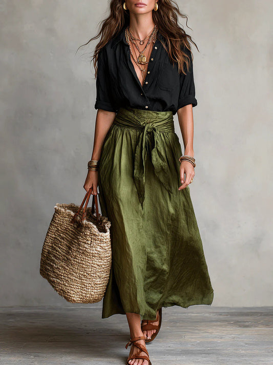 Vera™ | Conjunto de duas peças: t-shirt preta e saia midi verde oliva