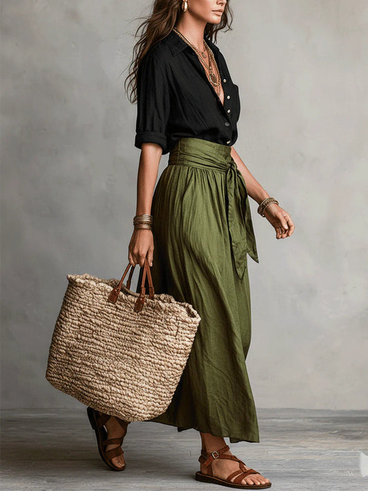 Vera™ | Conjunto de duas peças: t-shirt preta e saia midi verde oliva