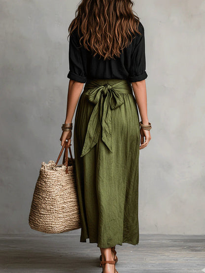 Vera™ | Conjunto de duas peças: t-shirt preta e saia midi verde oliva