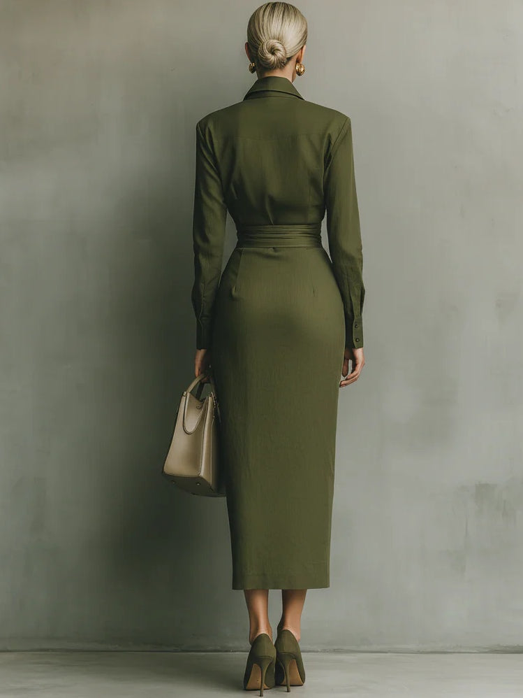 Noëlle™ | Vestido maxi em verde militar
