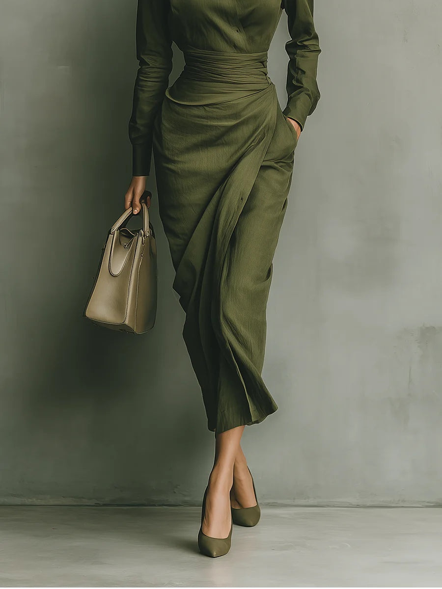 Noëlle™ | Vestido maxi em verde militar