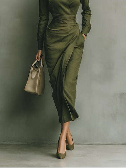 Noëlle™ | Vestido maxi em verde militar