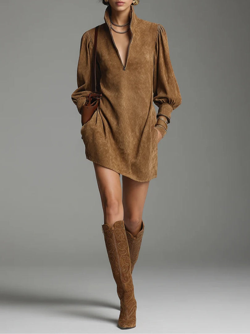 Lucienne™ | Vestido de camurça solto com fecho